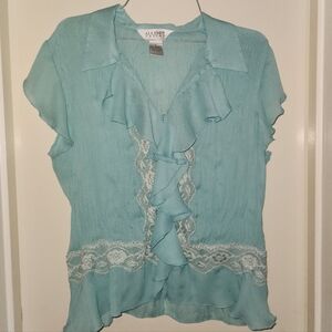 Aqua Blue Turquoise Ruffle lace Blouse- Allison Taylor